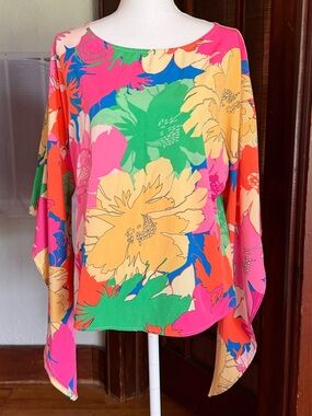 Womens Colorful Floral Women's Top Boatneck Flounce Sleeve Sz M Resort Vibrant